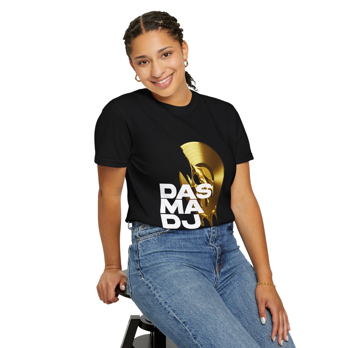 Stylish Unisex Garment-Dyed T-Shirt featuring 'DASMADJ' Gold Vinyl Design