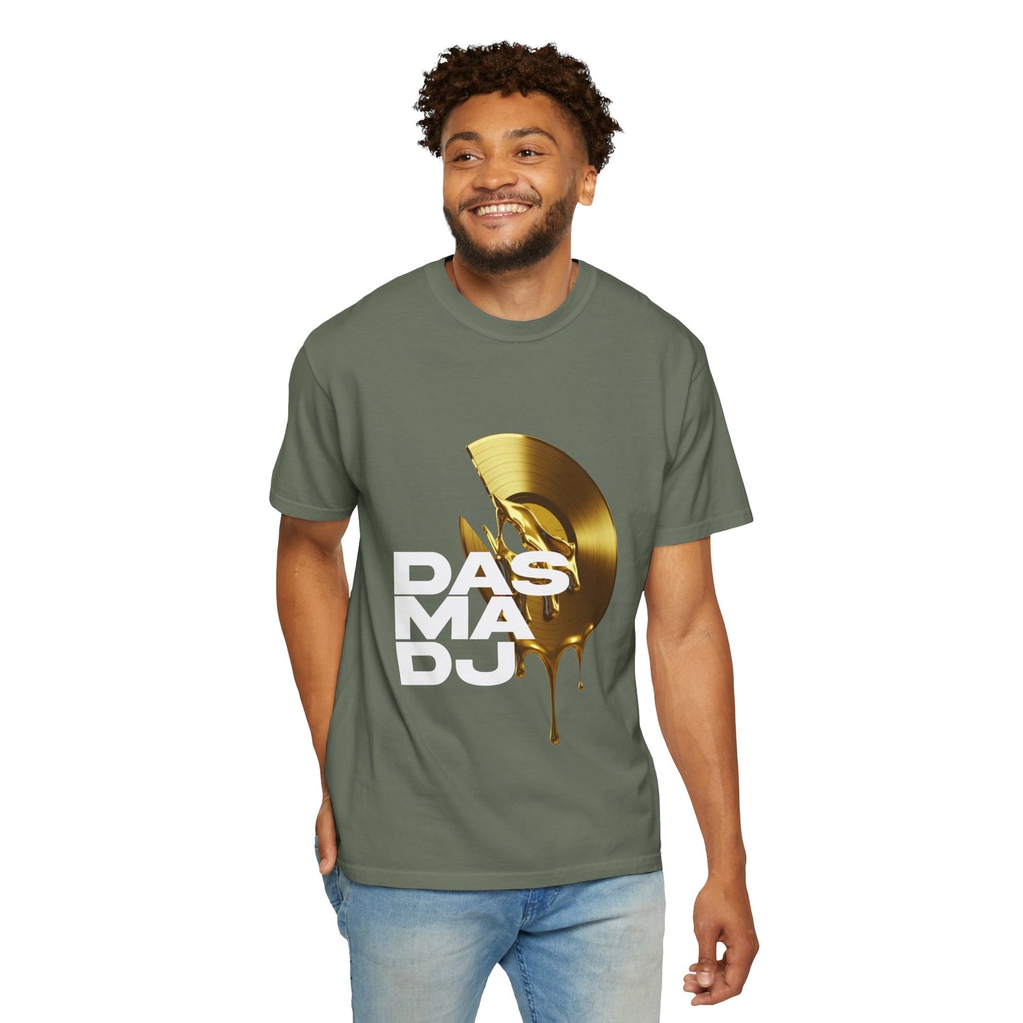 Stylish Unisex Garment-Dyed T-Shirt featuring 'DASMADJ' Gold Vinyl Design