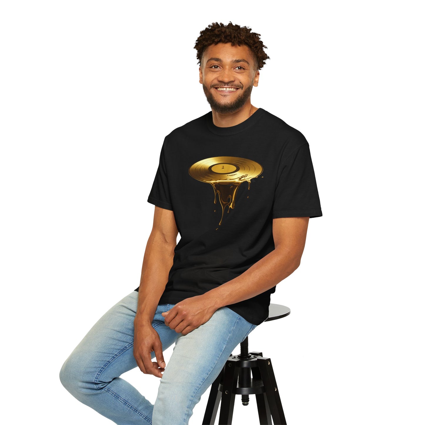 Unisex Garment-Dyed T-Shirt - Dripping Gold Vinyl Record Graphic