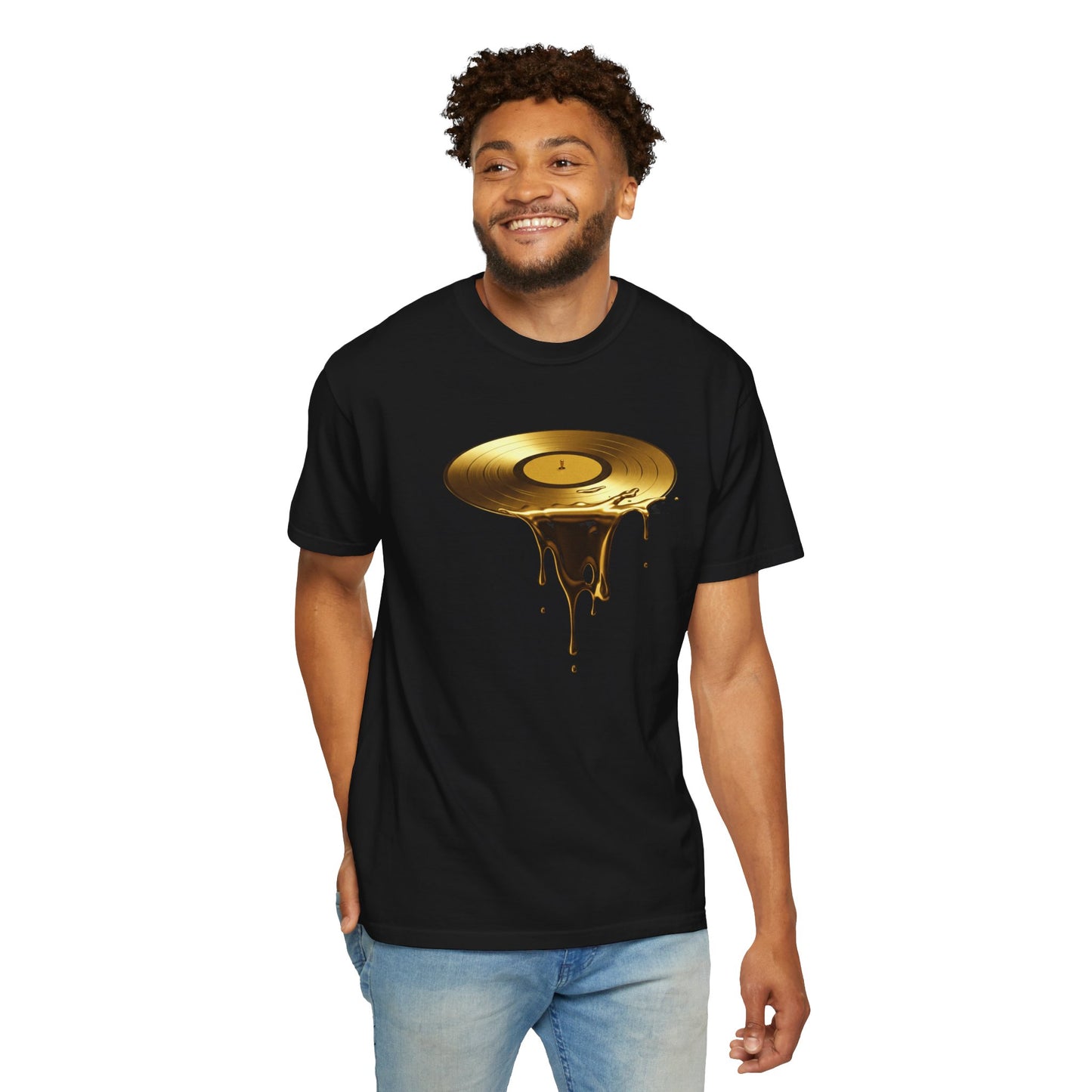 Unisex Garment-Dyed T-Shirt - Dripping Gold Vinyl Record Graphic